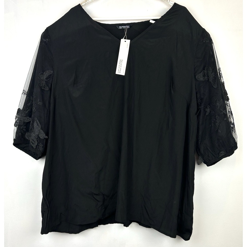 New Top Womens 28 Plus 3X Black Textured 3/4 Sleeve Butterfly Lace